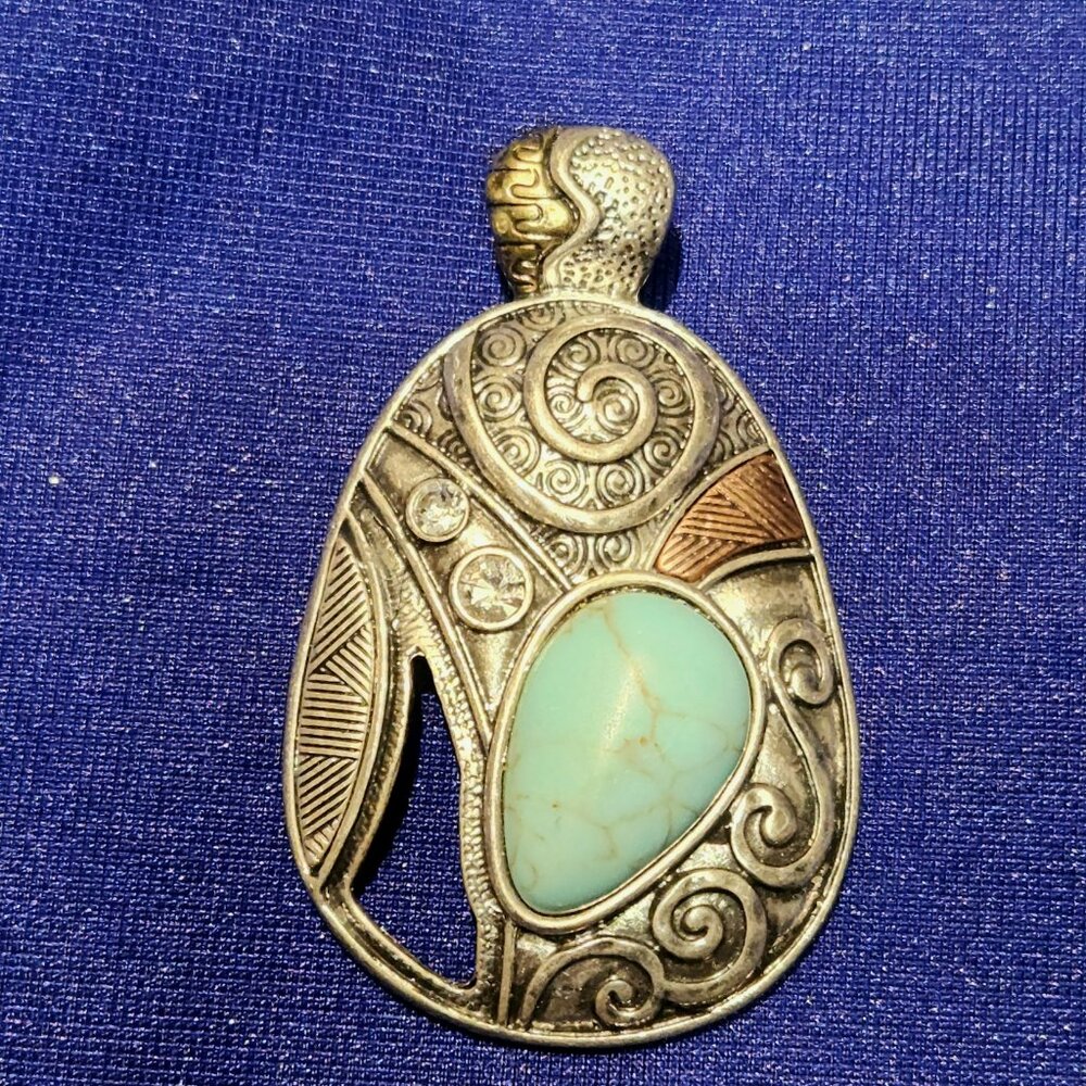 Vintage Boho Tribal Pendant with Turquoise-Colored Cabochon & Mixed Metal Design